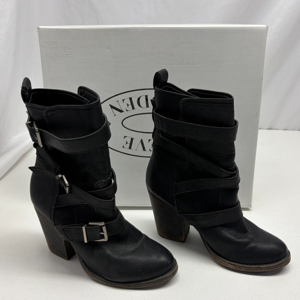 Steve Madden Yale Ankle Boots Black Suede Leather Buckle Strap Heel Womens Sz 7M